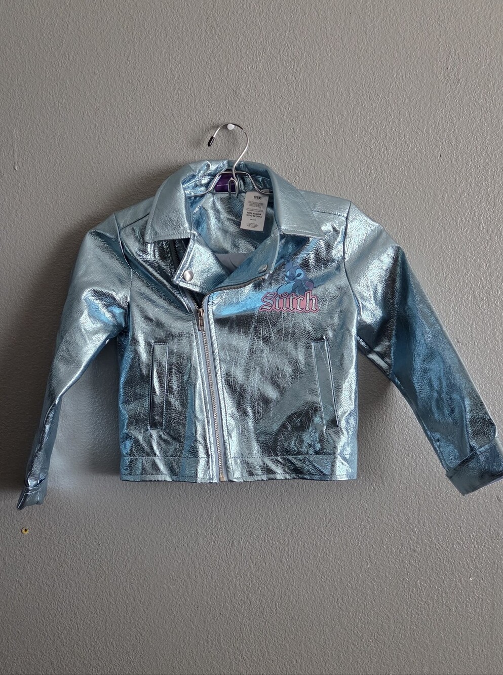 Disney Lilo & Stitch Girls Metallic Blue Faux Leather Moto Jacket Size 6/6X